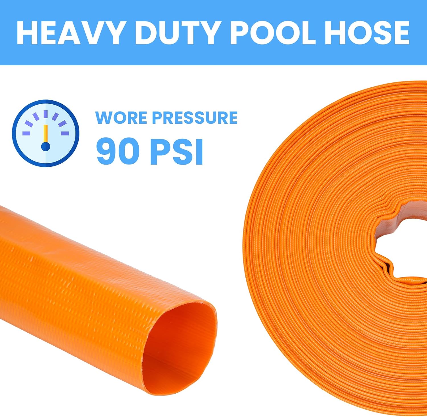 LINEX Pool Backwash Hose 3" x 50 FT - Heavy Duty Pool Pump PVC Hose for Sump Pump Discharge & Sand Filter Drainage, Water Transfer Flat Hose with Clamp (Orange)