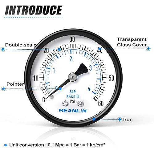 Miniatura 4 de MEANLIN MEASURE Manómetro de bomba de pozo NPT de 0-60 Psi con cara de dial de 2 pulgadas con buje hexagonal NPT de 18 x 14 pulgadas y buje