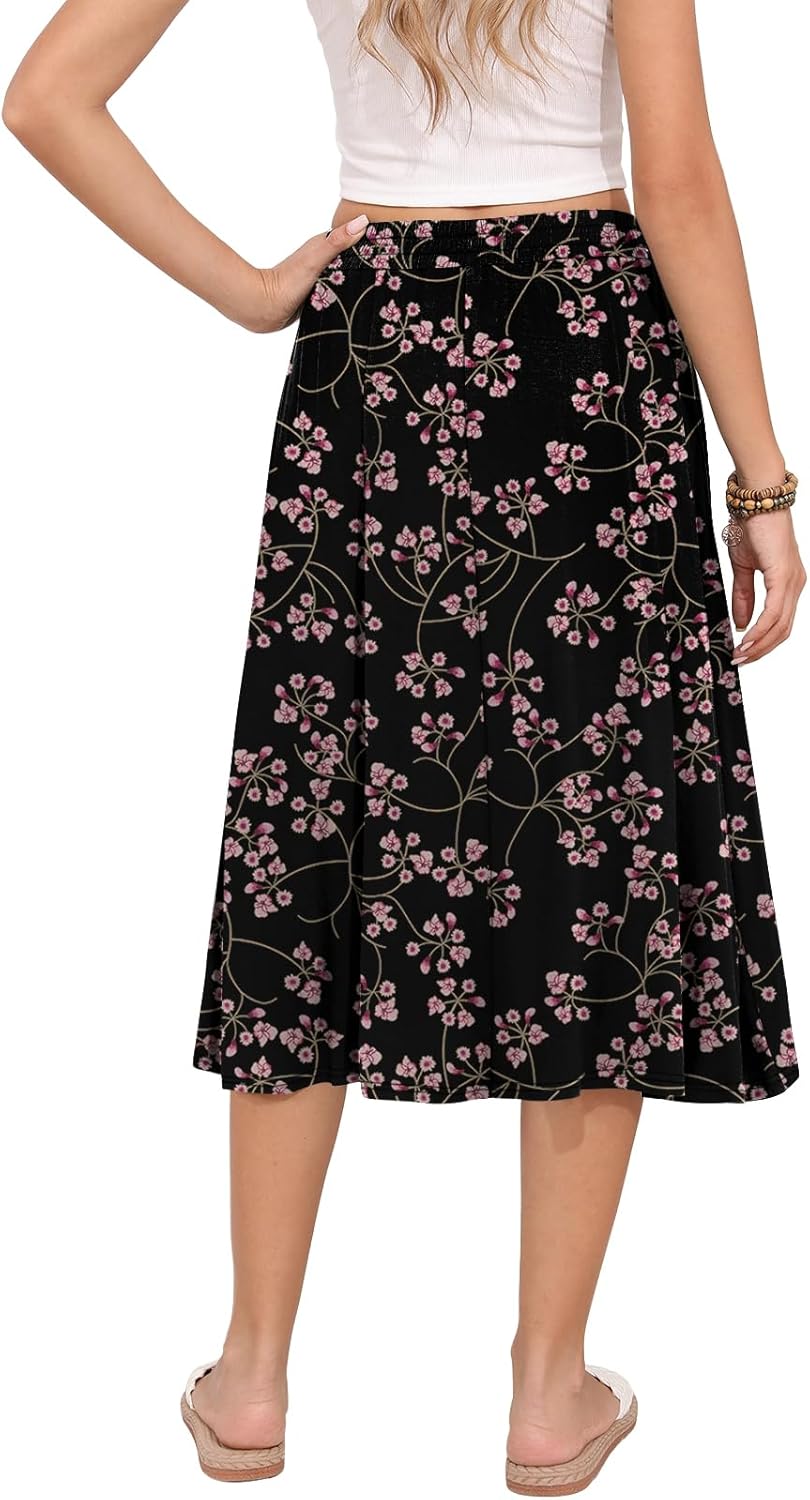 Women's Midi Skirt Summer Flowy Elastic High Waisted Casual Pleated Skirts with Pockets - Image 4