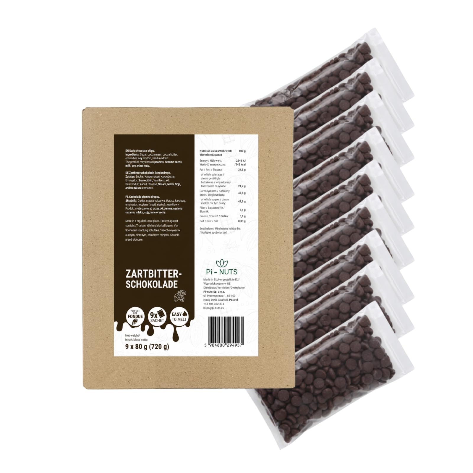 Zartbitterschokolade Fondue-Drops - cremig, schnell schmelzend für Dessert, Kuchen & Schokoladenbrunnen - 720 g (9×80 g)