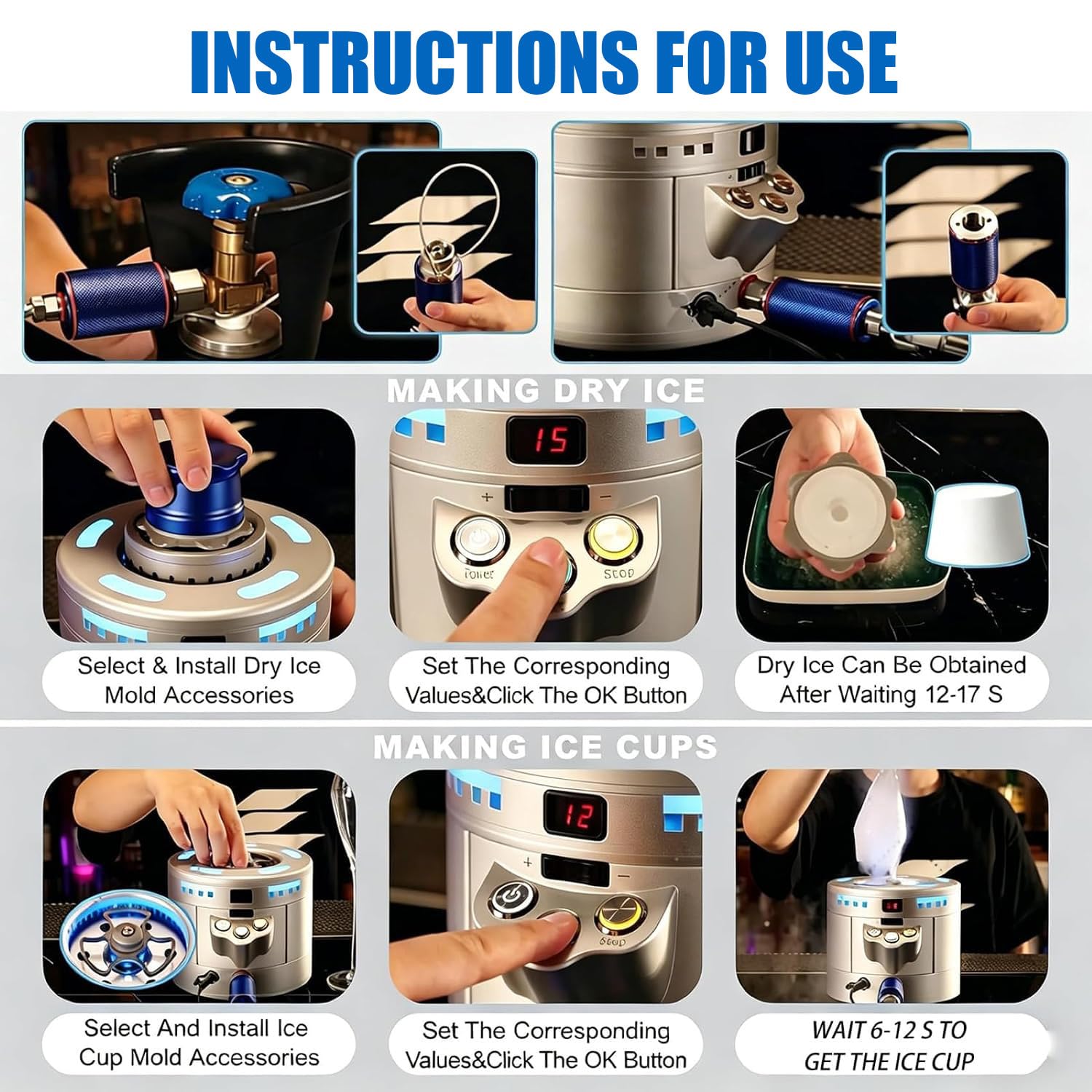 Máquina Profesional de Hielo seco y Enfriador instantáneo de Tazas, Pantalla LED e Interfaz de Rosca G5/8, Ciclo de producción de 15 Segundos, para hoteles y Clubes.