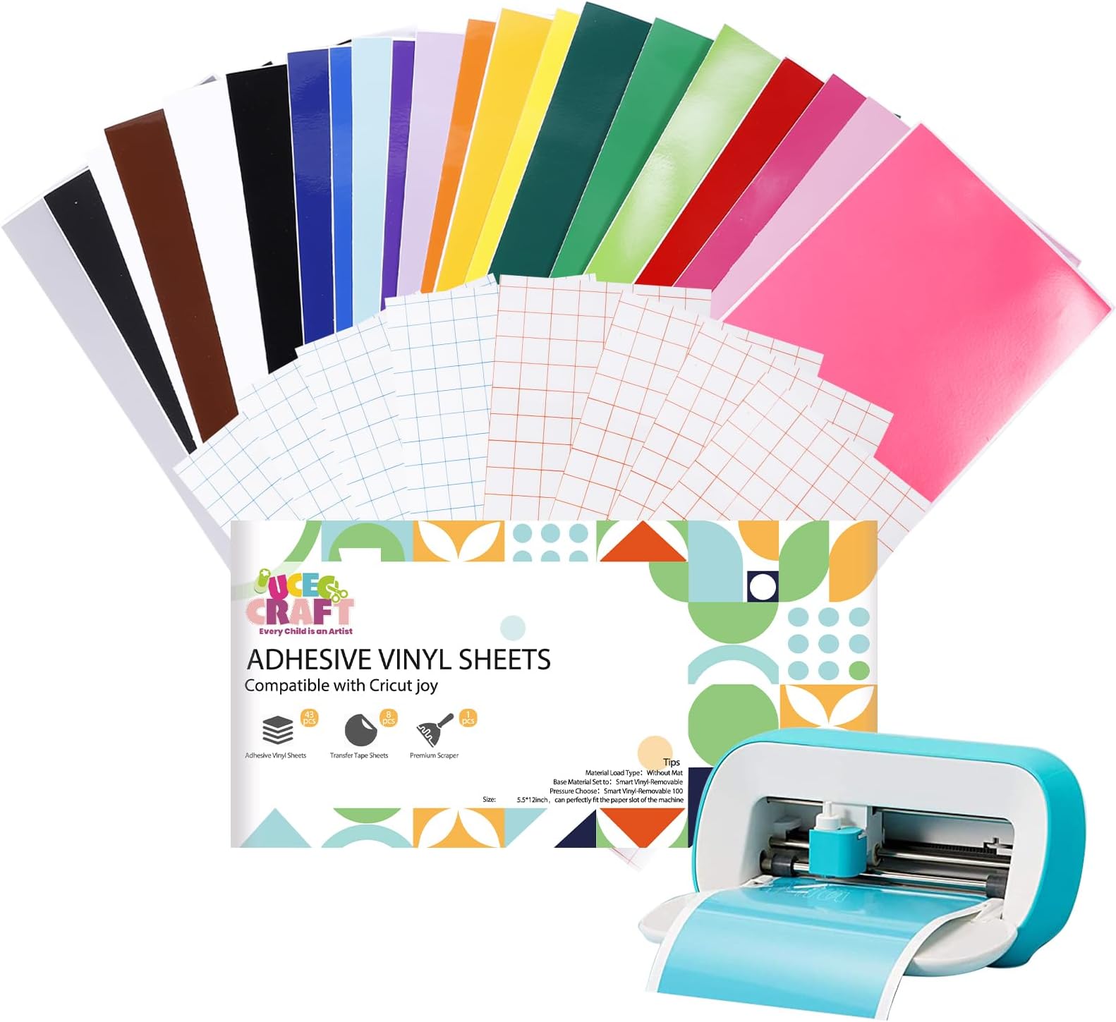 Smart Vinyl Removable Compatible with Cricut Joy, 52 Pack(5.5x12in) 22 Colors Self Adhesive Vinyl Sheets for Cutting Machine-Matless, Permanent Outdoor Vinyls for Craft DIY, Party Decoration
