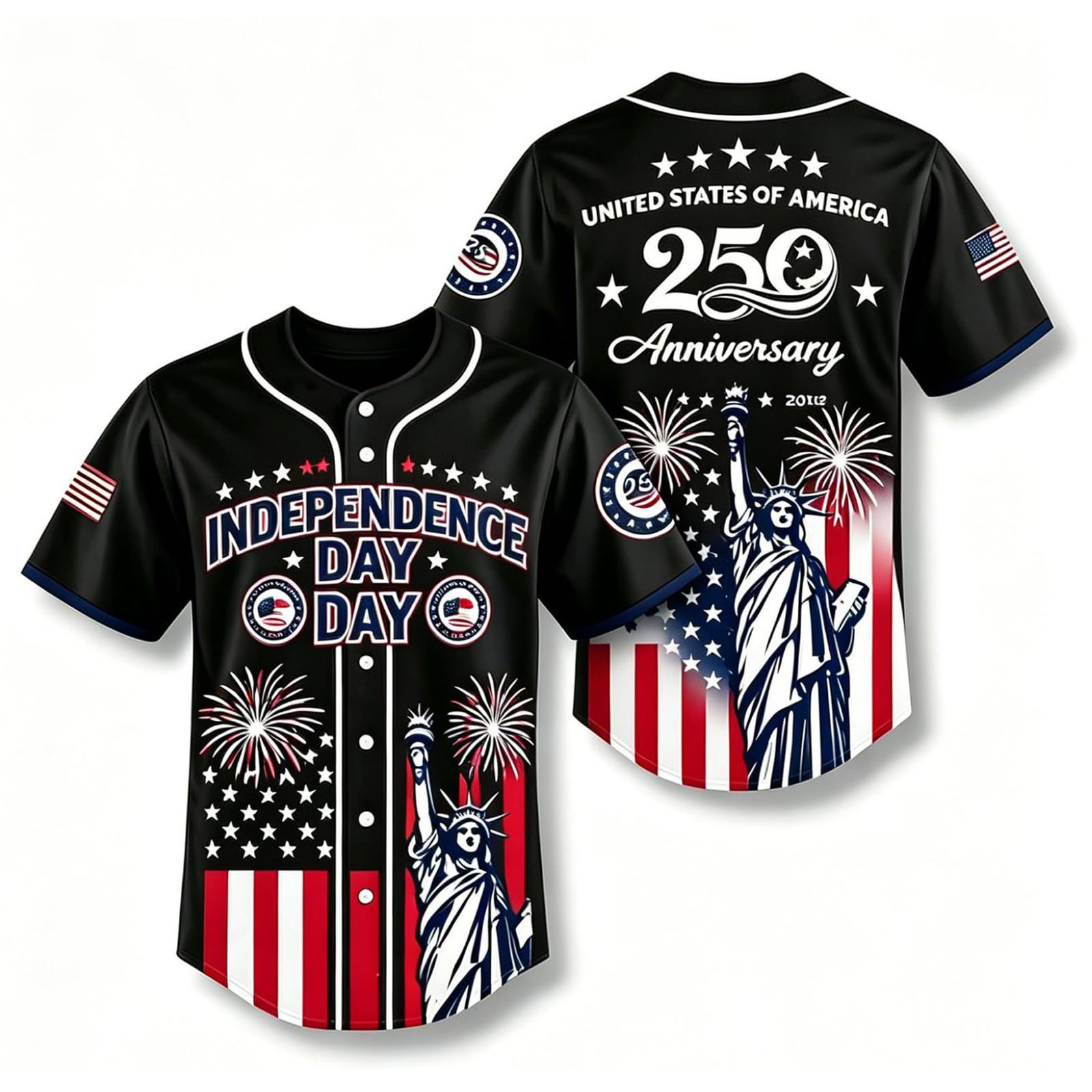 Aoukp Unisex Black A Usa 250Th Anniversary Baseball Jersey, Patriotic Flag Statue Of Liberty Button Shirt, Breathable Mesh Shirt (,Xl)