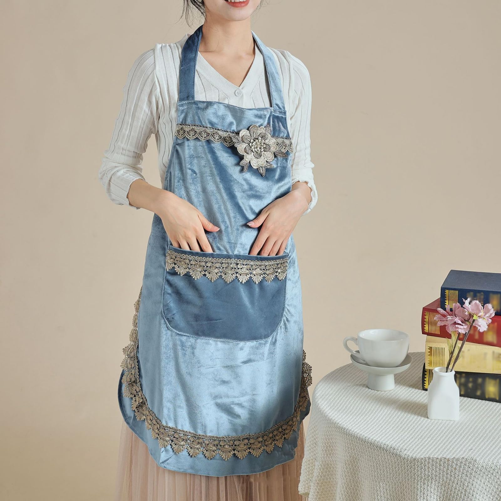 2pcs Grembiule da Cucina da Donna in Stile Giapponese Grembiule con Tasche per Negozio di Fiori caffè Artigianato Cottura Grembiuli Blue,One Size