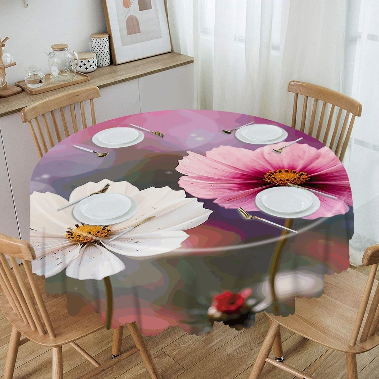 FekiLoot Two Peach Flowers Round Tablecloth 60 Inch Waterproof Heavy Duty Table Cloth Spillproof Washable Table Cover Wrinkle Resistant Tablecloths Decorative Table Cloths