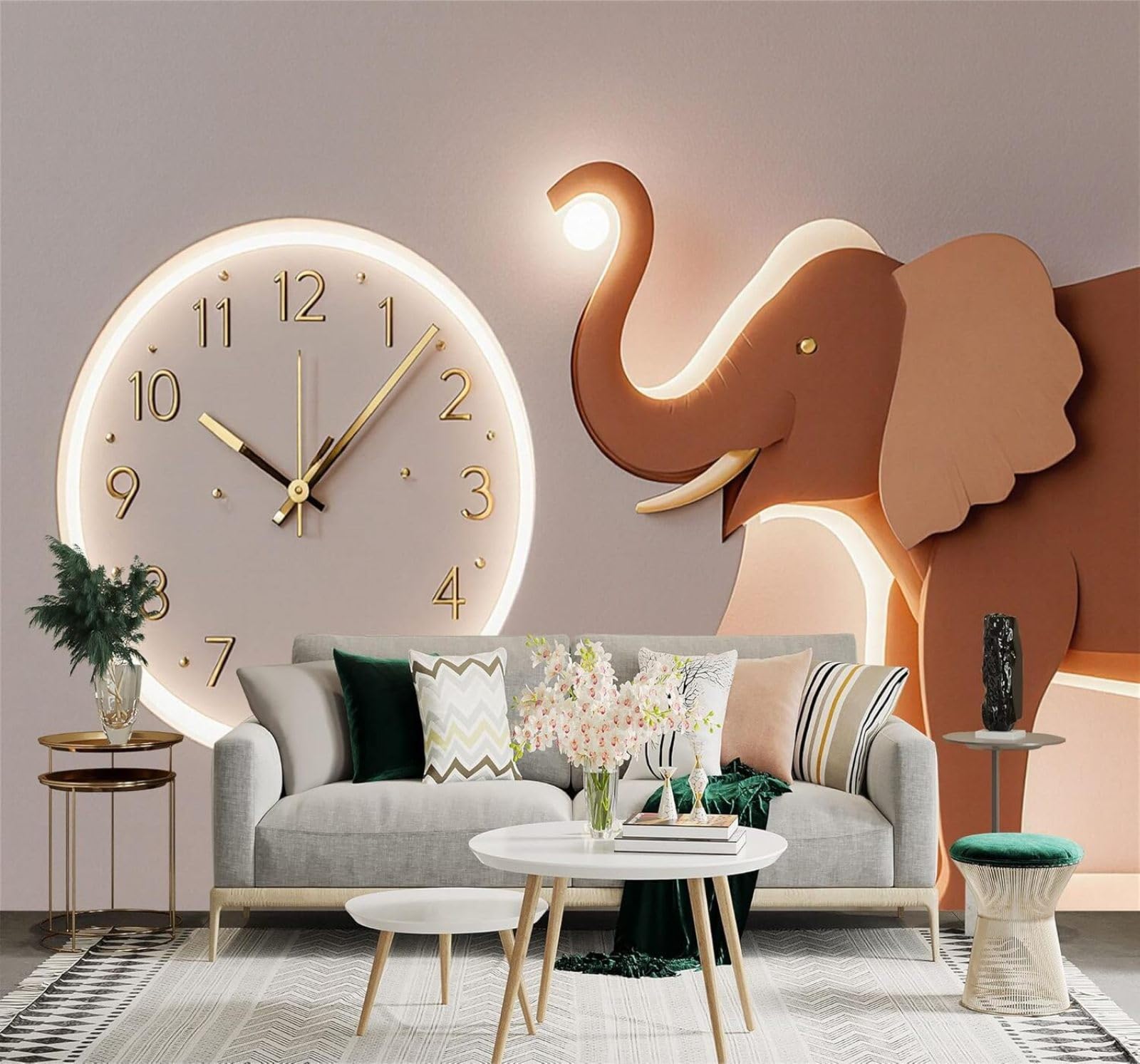 3D Papel Pintado Minimalista Elefante Reloj De Pared Luz Cálida Arte