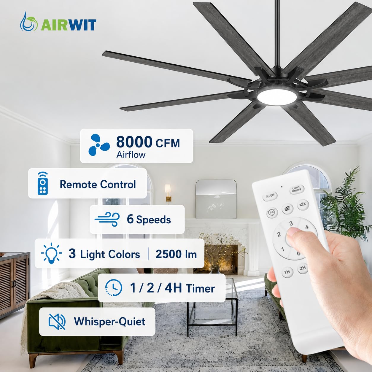 Airwit 183cm Ventilador de Techo con Luz Extra Grande, Lámpara Ventilador de Techo con Mando, Aspas Reversibles, Silencioso, Diseño Industrial para Salón Grande, Dormitorio y Terraza Cubierta