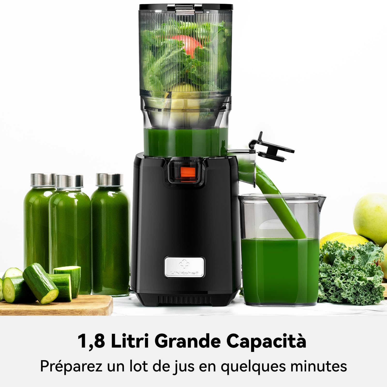LINKChef Extracteur de Jus,Technologie De Pressage À Froid, Presse-agrumes lent Centrifugeuse, 130 mm Calibro, 250 W, Chambre1,8 L, Facile À Assembler, Pureté du Jus Élevée, Facile à Nettoyer