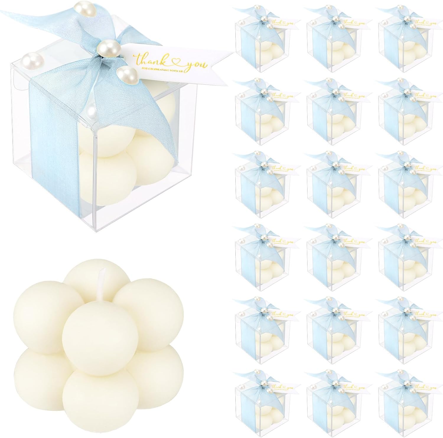 Nuanchu 30 Sets Bridal Shower Favors Blue 1.6" Mini Bubble Candles Wedding Favors Gifts for Guests Aesthetic Bubble Candles Baby Shower Favor with Thank You Card Ribbon for DIY Baptism Gift