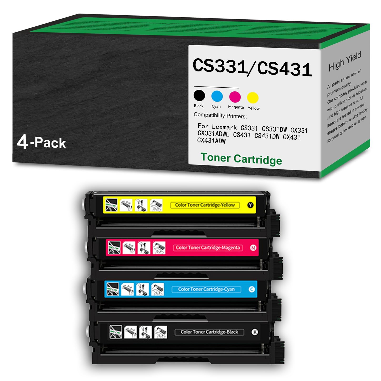 Wkład z tonerem o dużej wydajności CS331 do drukarek Lexmark CS431 do użytku z drukarkami CS331 CS331DW CX331 CX331ADWE CS431 CX431 CX431ADW, możliwość uzupełniania atramentu,4Color-1Pack