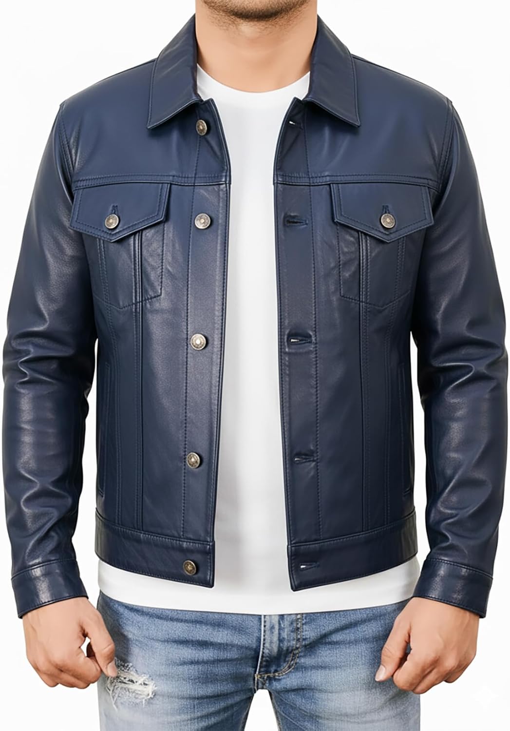 STOREJEES Leather Trucker Jacket Men - Real Lambskin Shirt Style Vintage Fashion Mens Leather Jacket