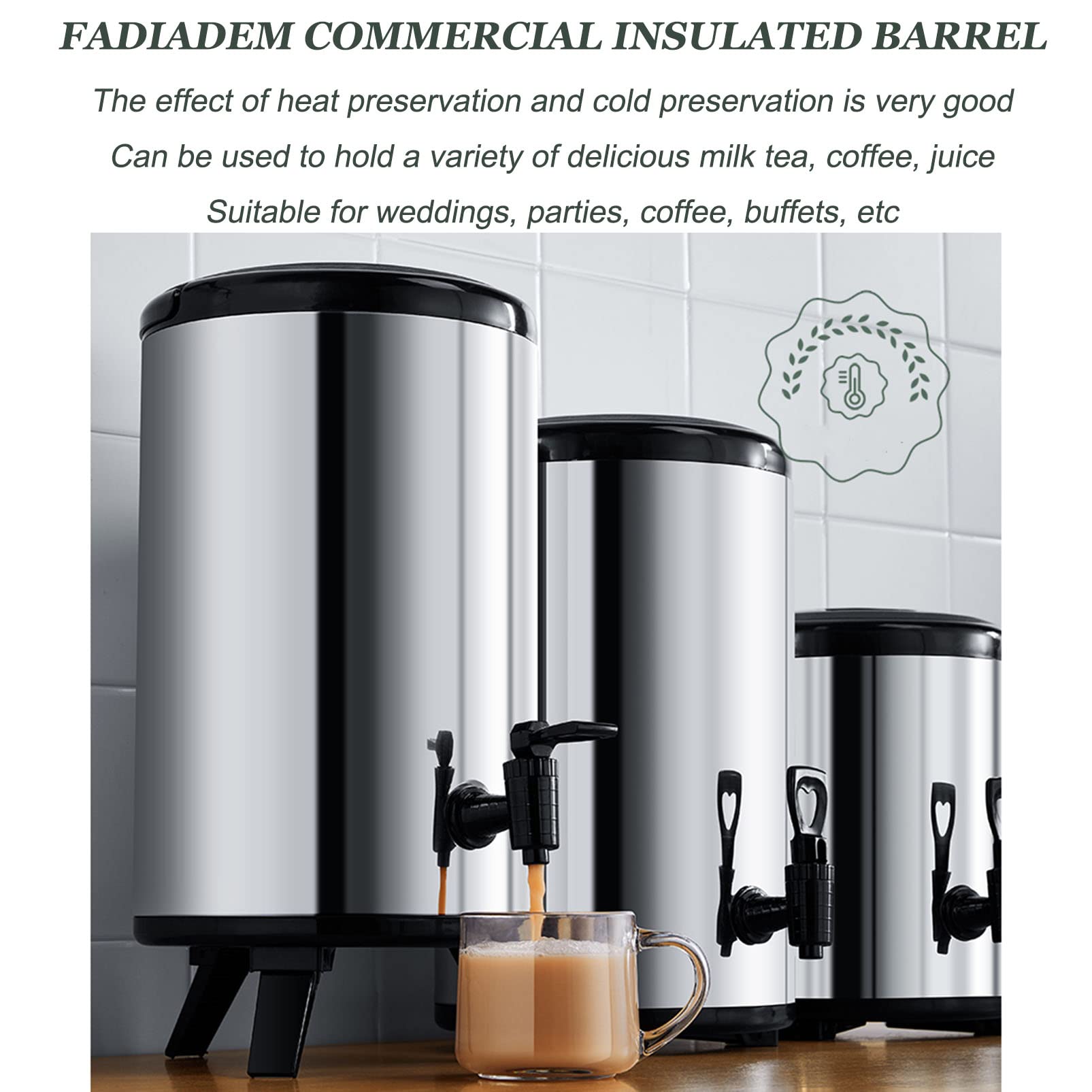 Grande distributore di bevande isolato con rubinetto per bevande calde e fredde, uso commerciale per caffè, tè, latte