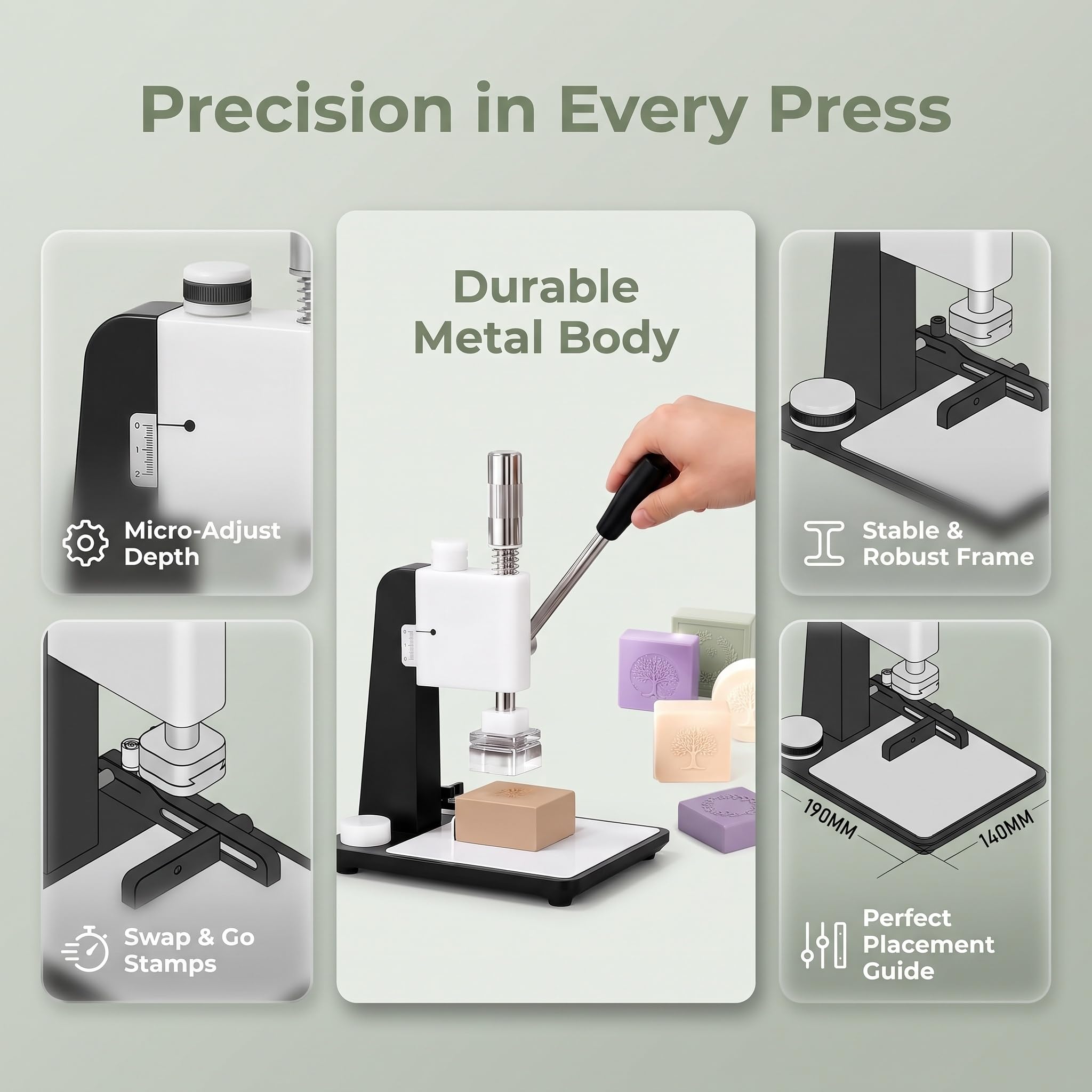 Máquina Manual para Prensar Jabón, Herramienta para Estampar Jabón Hecho A Mano, Profundidad Y Altura De Estampado Ajustables, Cabezales De Prensa Reemplazables, para Regalos Hechos A Mano Y