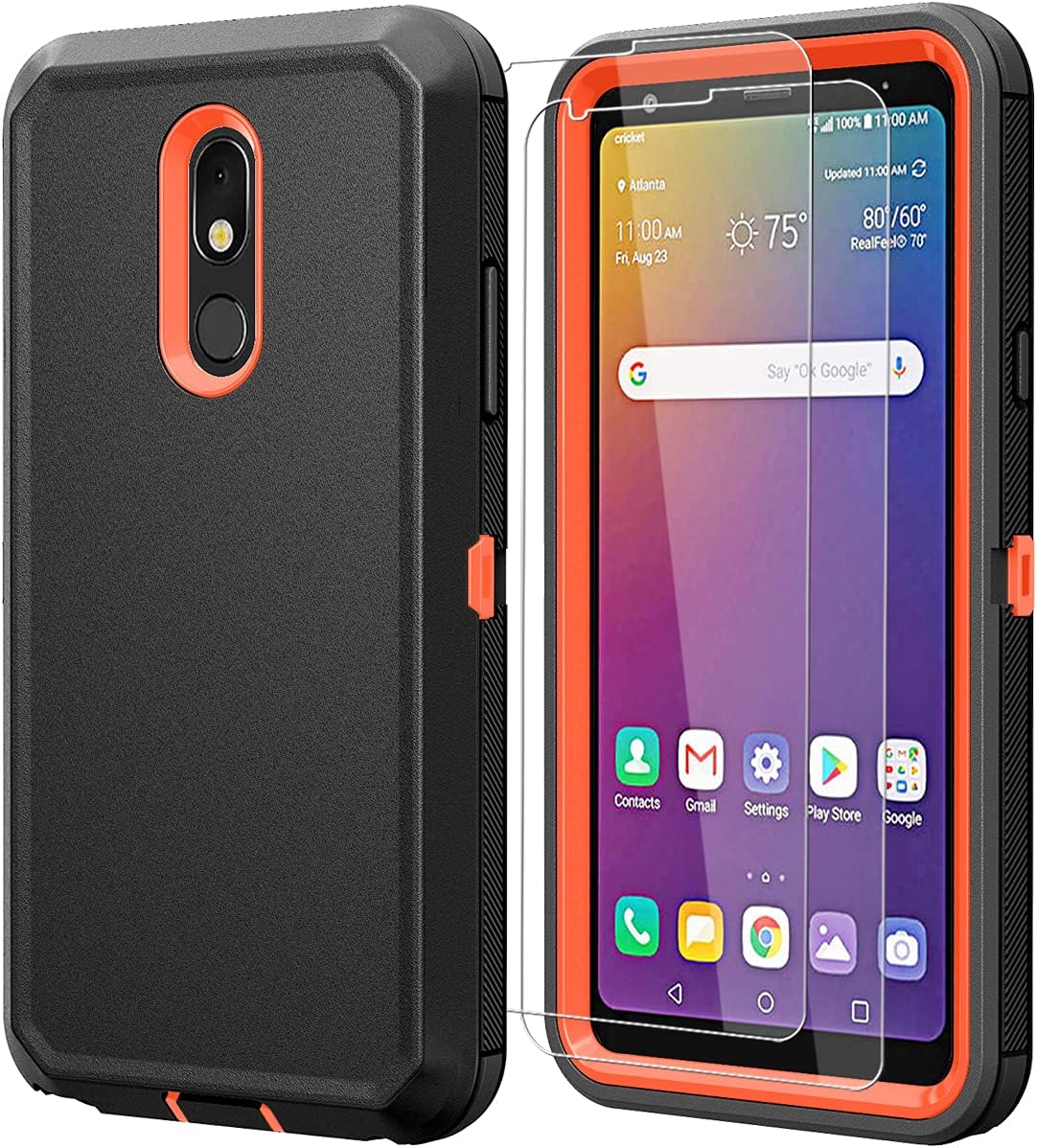 Qinmay ComoUSA Compatible with LG Stylo 5 Case, LG Stylo 5 with HD Screen Protector [2 Packs], Heavy Duty Hard Shockproof Armor Protector Case [Military-Grade] for LG Stylo 5, (Black-Orange)