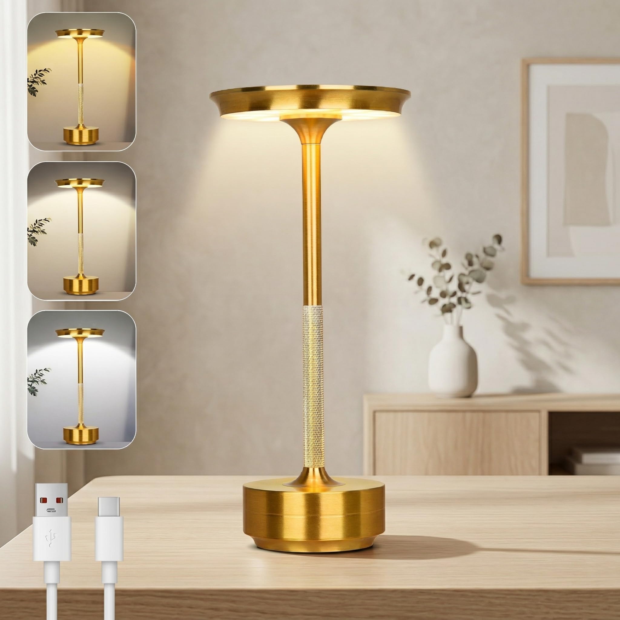 Rechargeable Table Lamp Cordless LED, 3-Color Dimmable Touch Light Indoor