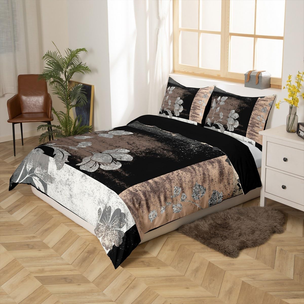 jejeloiu Black Beige Duvet Cover Twin Size Kids Abstract Art Comforter Cover Set for Boys Girls Teens Modern Floral Bedding Set Breathable Geometric Bedspread Cover Room Decor Quilt Cover