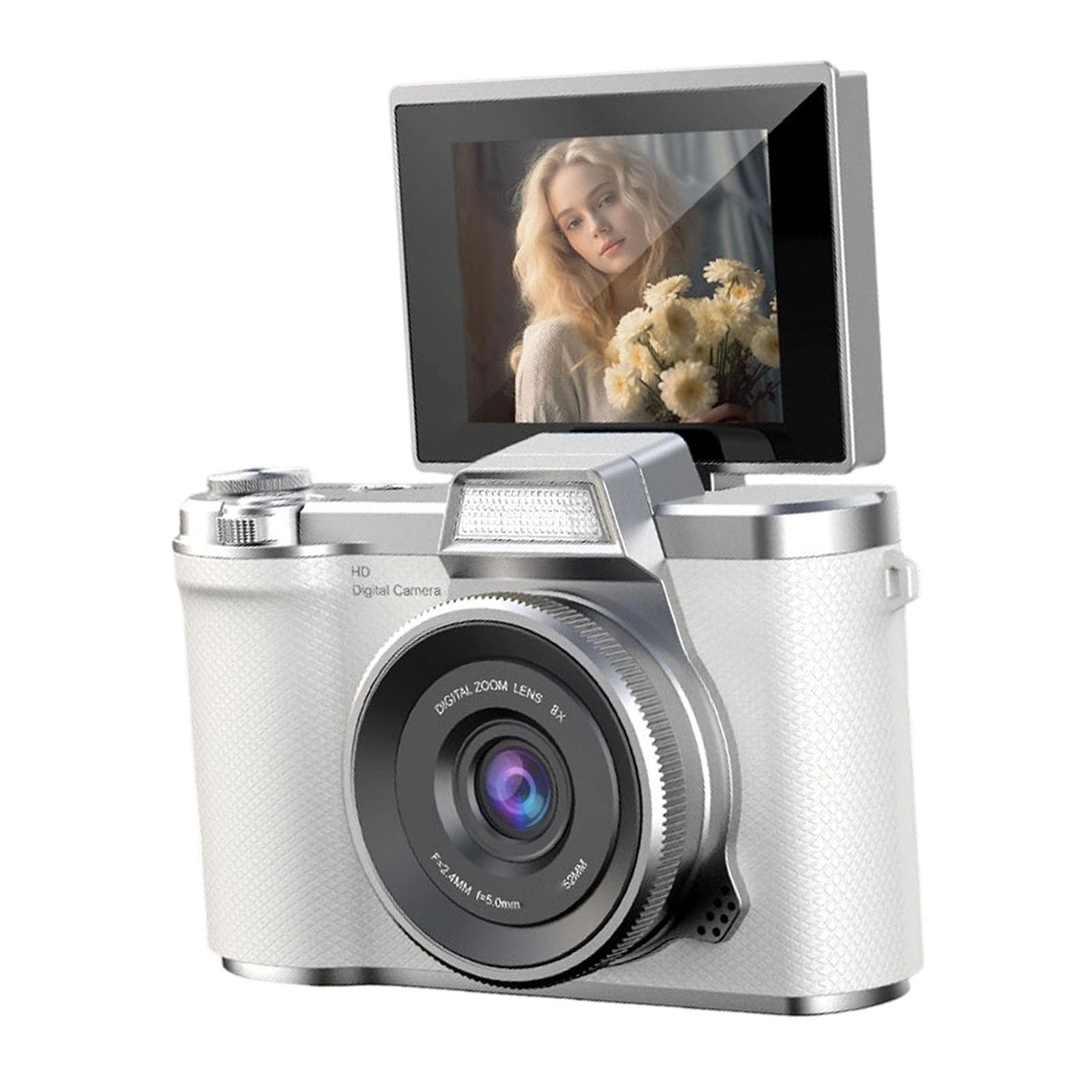 Fockety Fotocamera Digitale per Fotografia, Fotocamera Mirrorless da 48MP con Zoom 8X 1080P con Schermo Flip da 2,4" a 180° Flash per Vlogging con Messa a Fuoco Automatica, (WHITE)