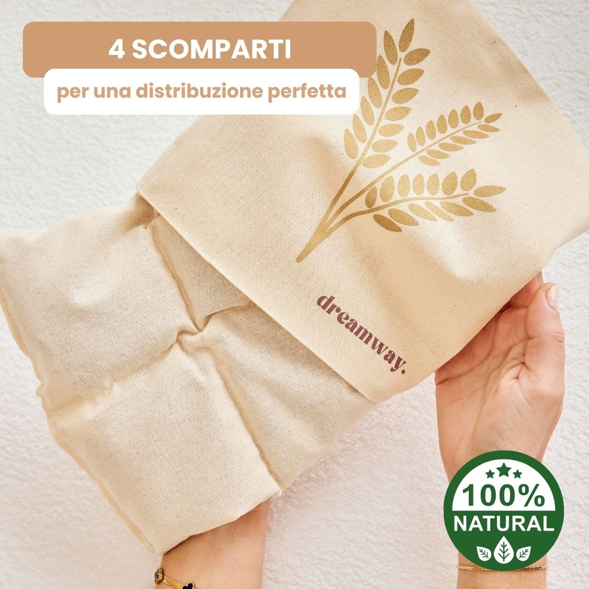 Dreamway - Cuscino riscaldante per microonde con semi di grano 21x21 cm - Cuscino termico naturale per dolori al collo, schiena e spalle - Fodera lavabile 100% cotone
