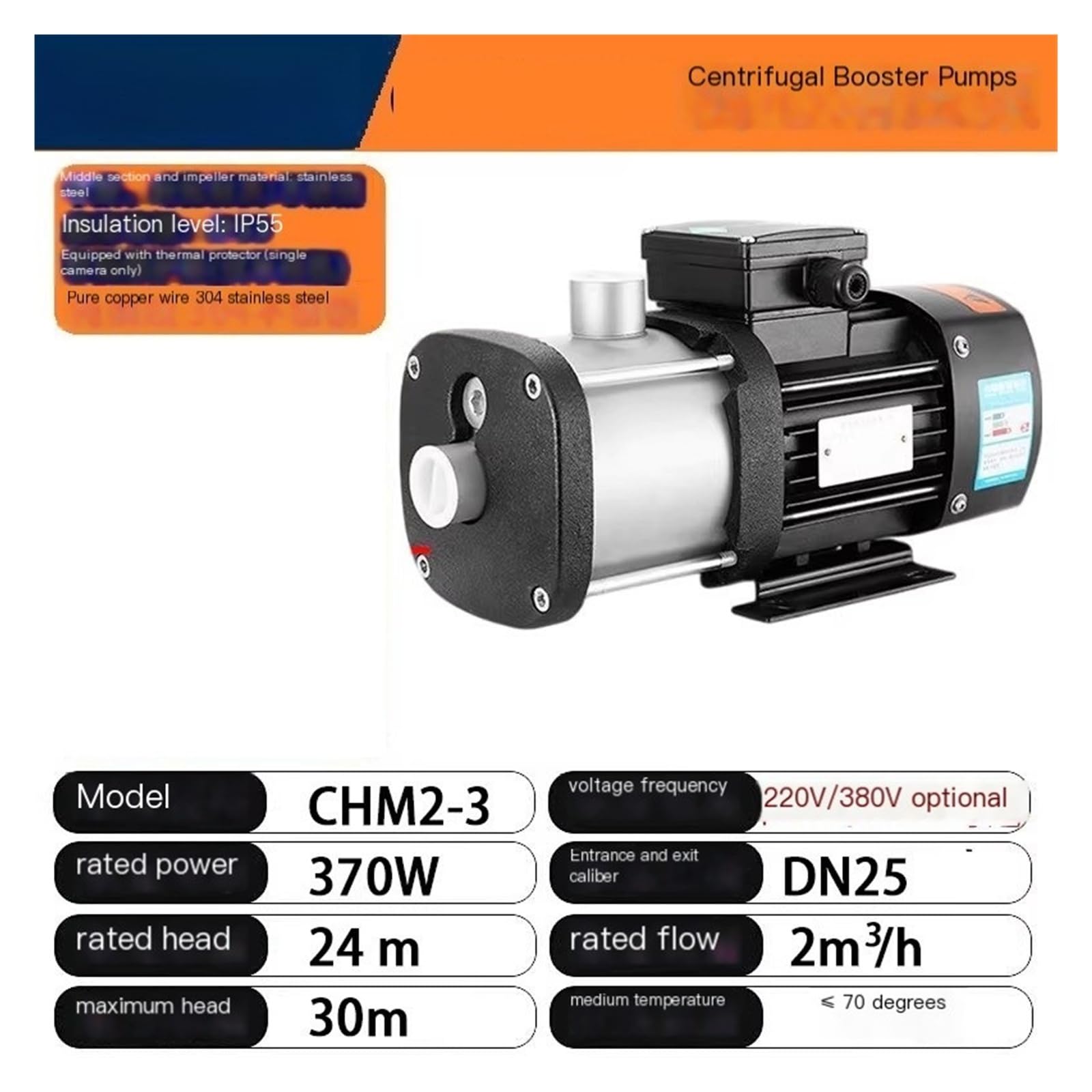 Bomba centrífuga multietapa ligera Horizontal de acero inoxidable, bomba de agua de circulación de refrigeración(220V-CHM2-3 370W)