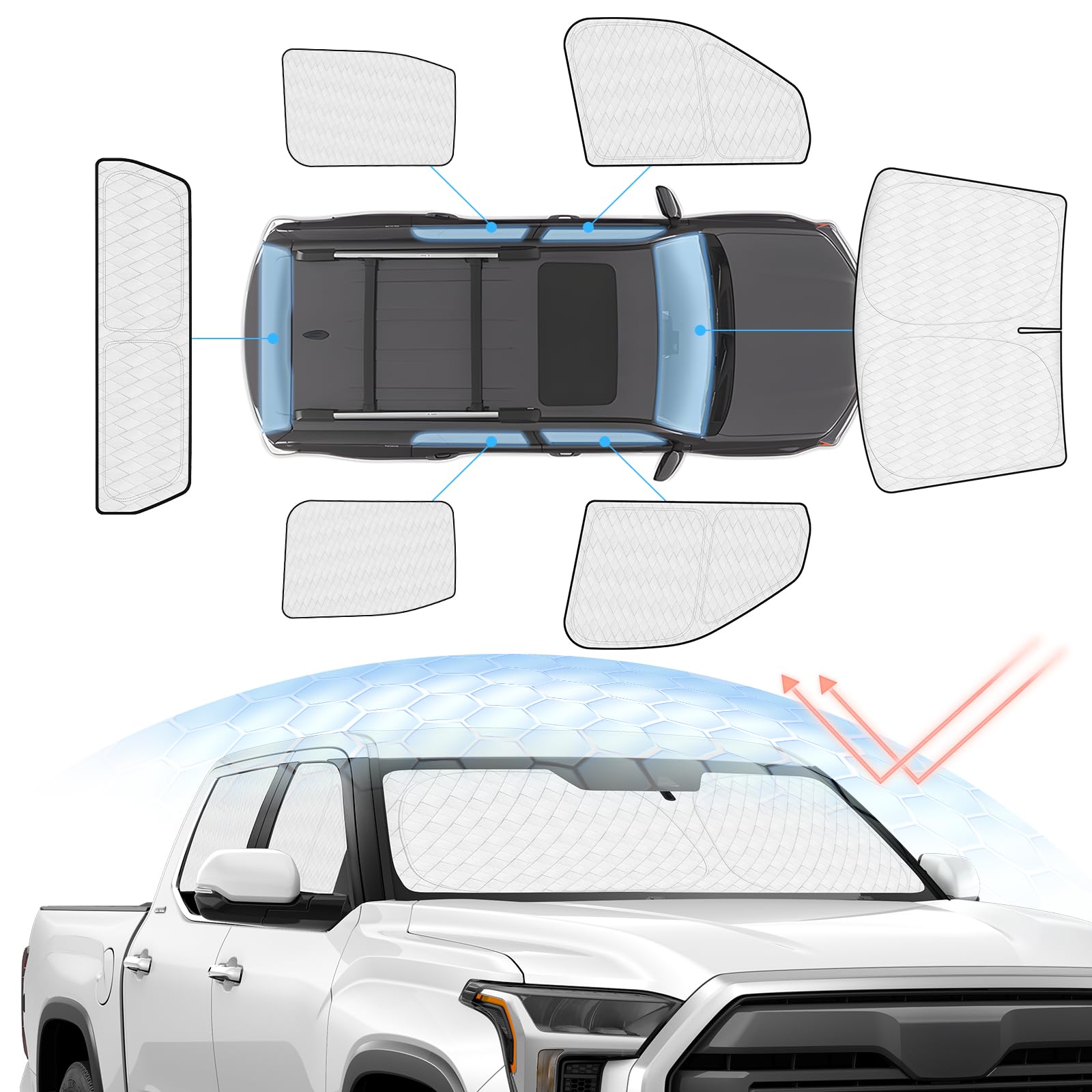 Windshield Sun Shade for Toyota Tundra 2022-2025 Full Privacy Side Rear Window Shade Cover Kit Foldable Sun Visor Protector Blocks UV&Heat Tundra Interior Accessories(6PCS)