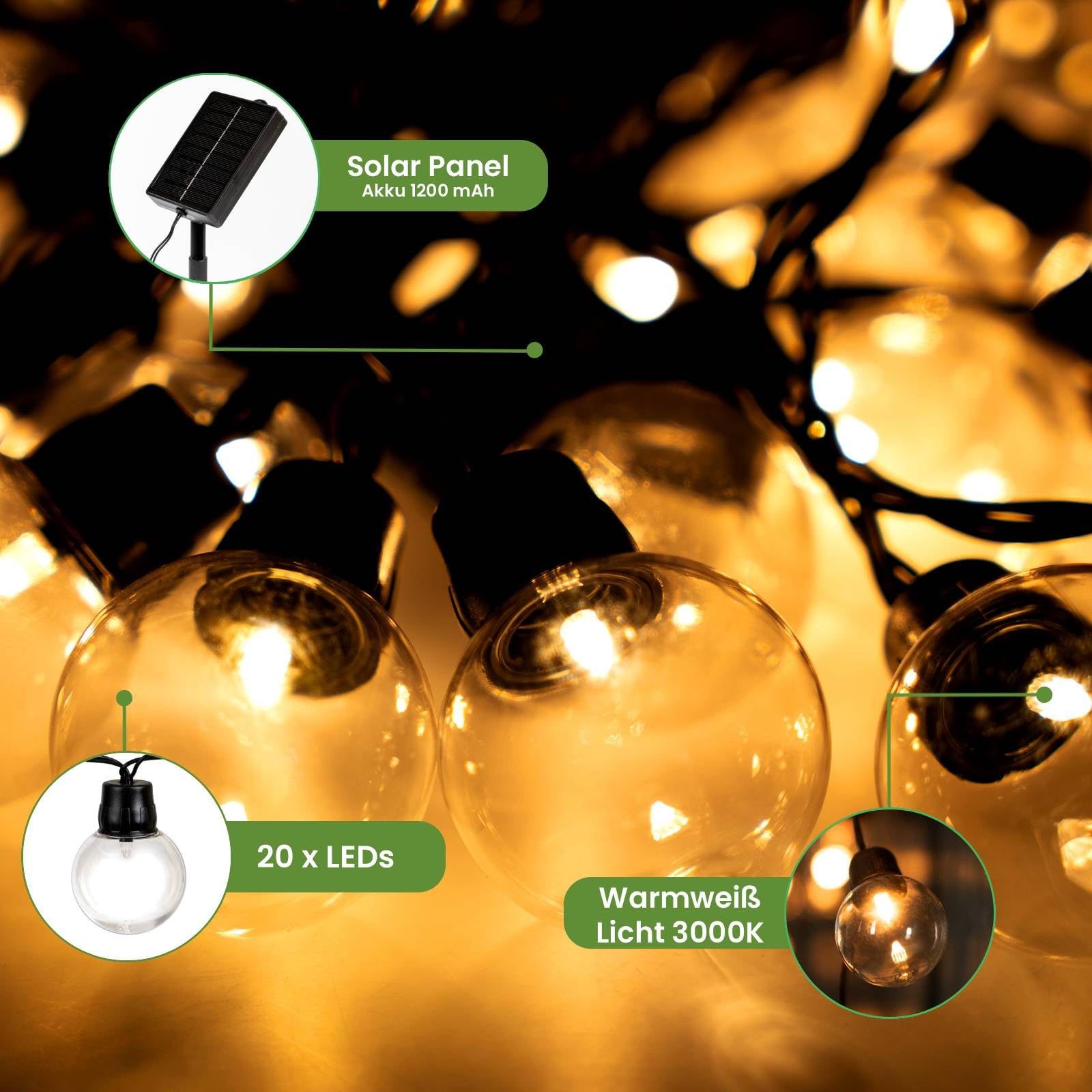 Lumiled Solarny łańcuch świetlny do użytku na zewnątrz, 7 m, 20 diod LED + 2 zapasowe żarówki, pilot zdalnego sterowania, IP44, odporny na warunki atmosferyczne, 8 trybów pracy, ciepła biel, 3000 K
