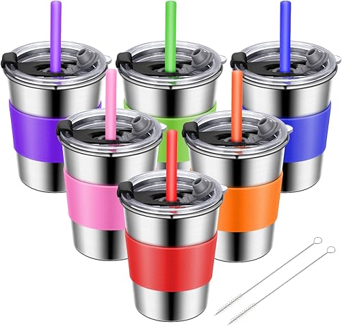 Miniatura 9 de ShineMe Vasos de acero inoxidable, juego de 2 vasos de metal de 12 onzas para niños y adultos con fundas de silicona, tazas abiertas apilables para