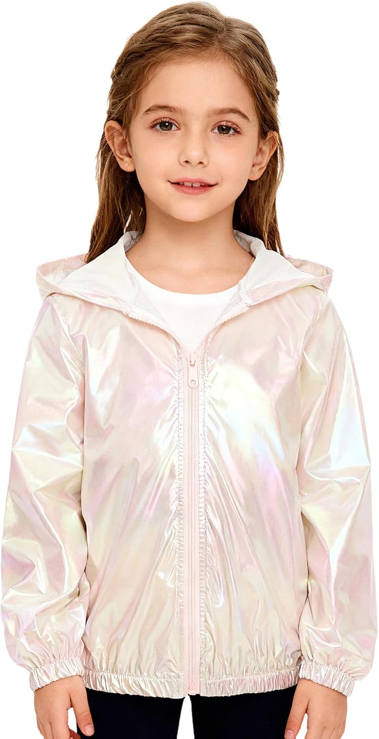 Mufeng Kids Girls Metallic Zipper Hooded Jacket Athletic Hoodie Shiny Zip Up Sports Camping Hiking Sweatshirt