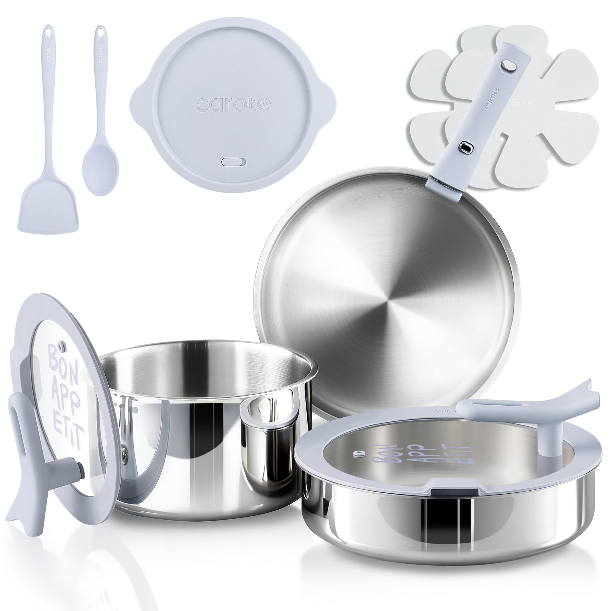 CAROTE tri-ply stainless steel cookware set detachable handle 11pcs