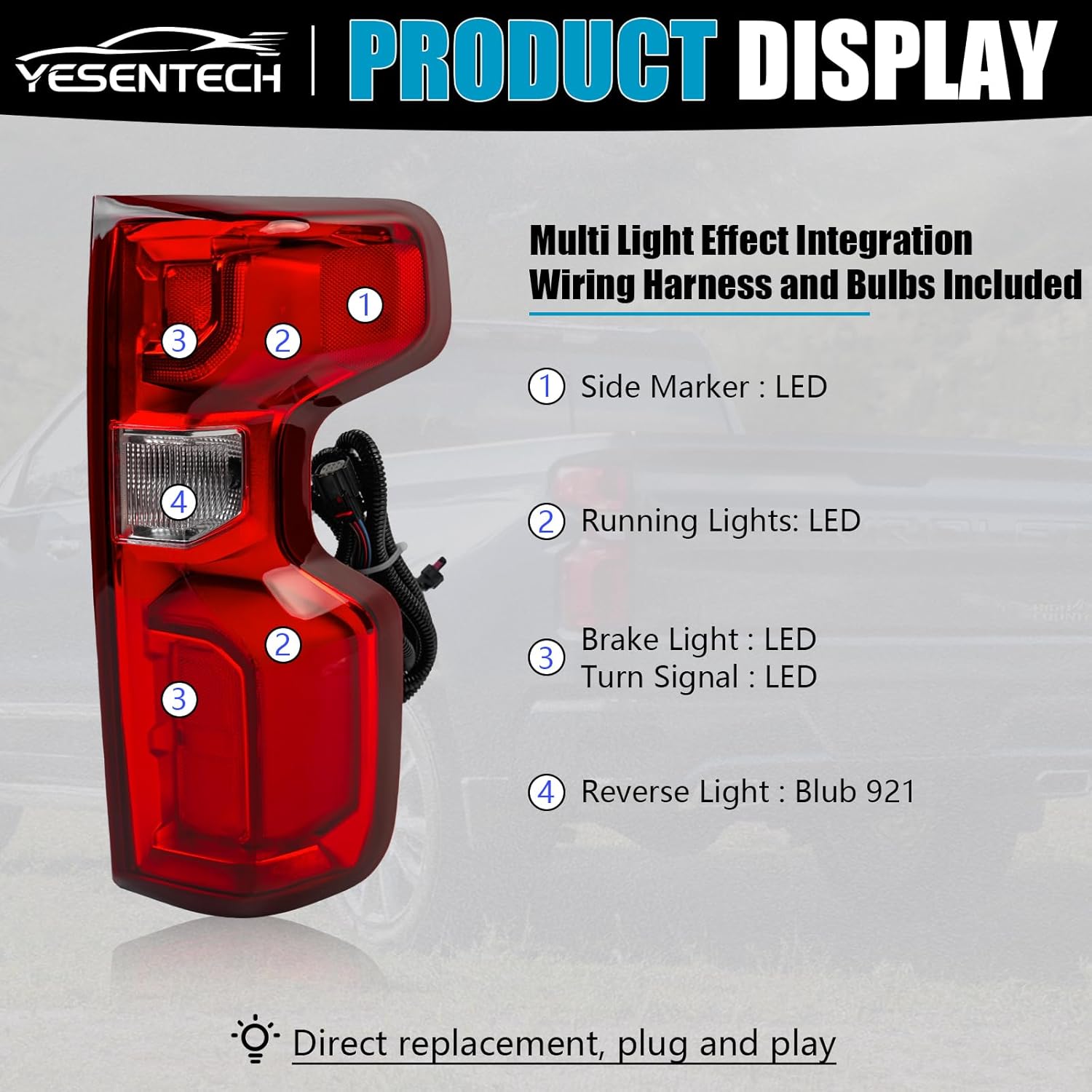Tail Light Assembly for Chevy Silverado 1500 2019-2023, Full LED Rear Brake Turn Signal Tail Lamp Taillight Assembly Passenger Side, W/ Harness and Bulbs Included, for 84554659 84678150 GM2801311C
