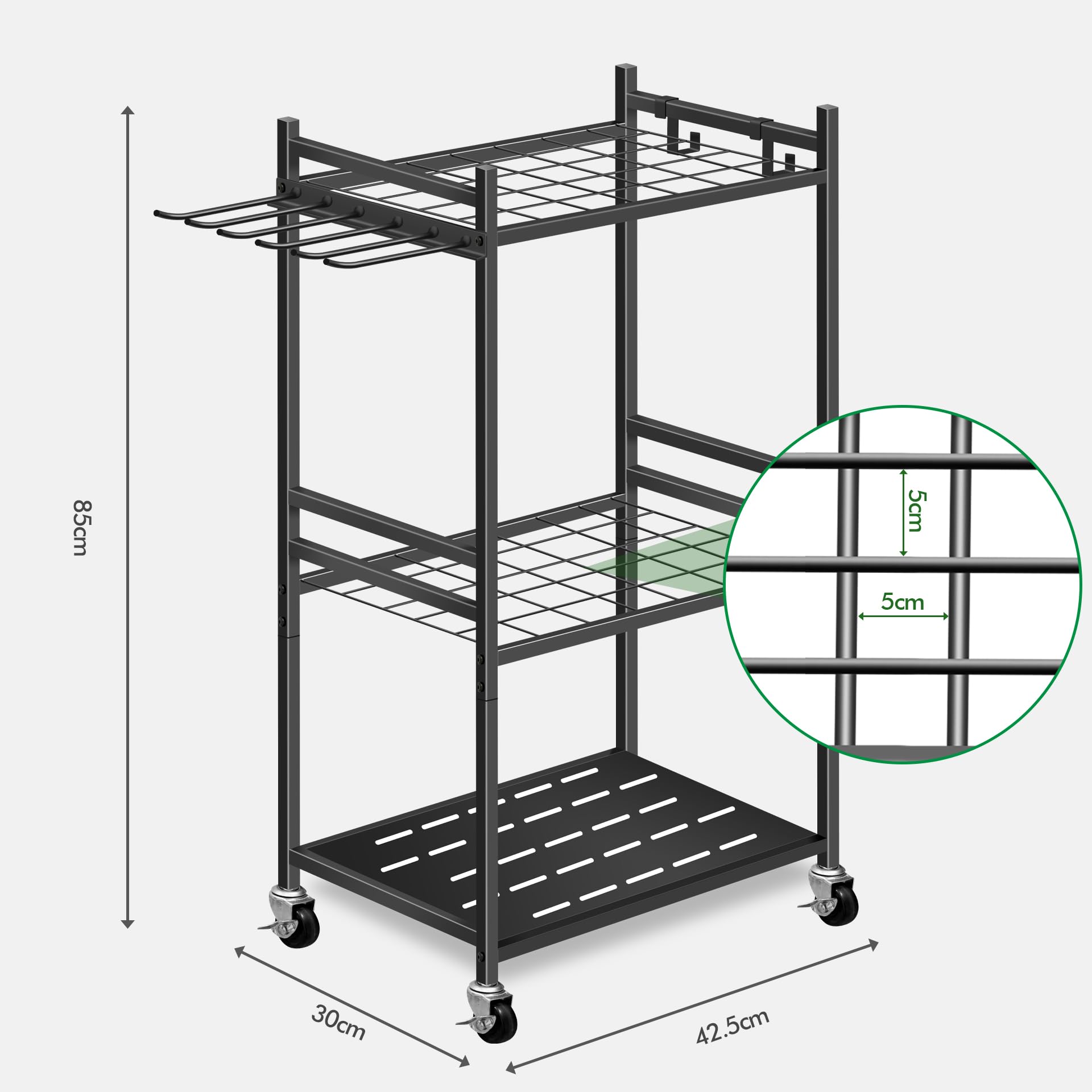Mimoke Scaffale da giardino per attrezzi con ganci mobili e ruote con bloccaggio – Facile ordinamento degli accessori da giardino, garage grazie alle ruote girevoli a 360°