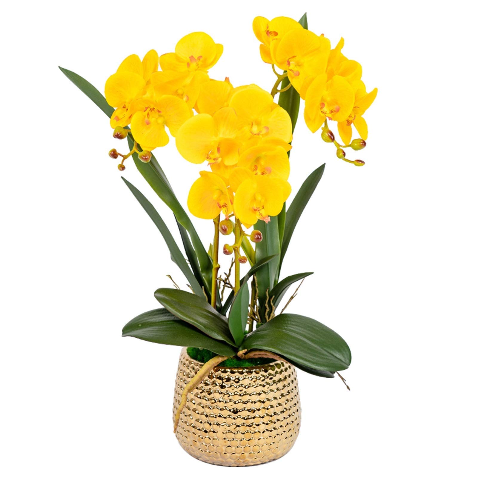 GTHTUHFD Simulation Flower Artificial Bonsai Silk Orchids Phalaenopsis With Golden Vase Fake Orchid Flowers Arrangement Romantic Dried Flower Decoration,Yellow