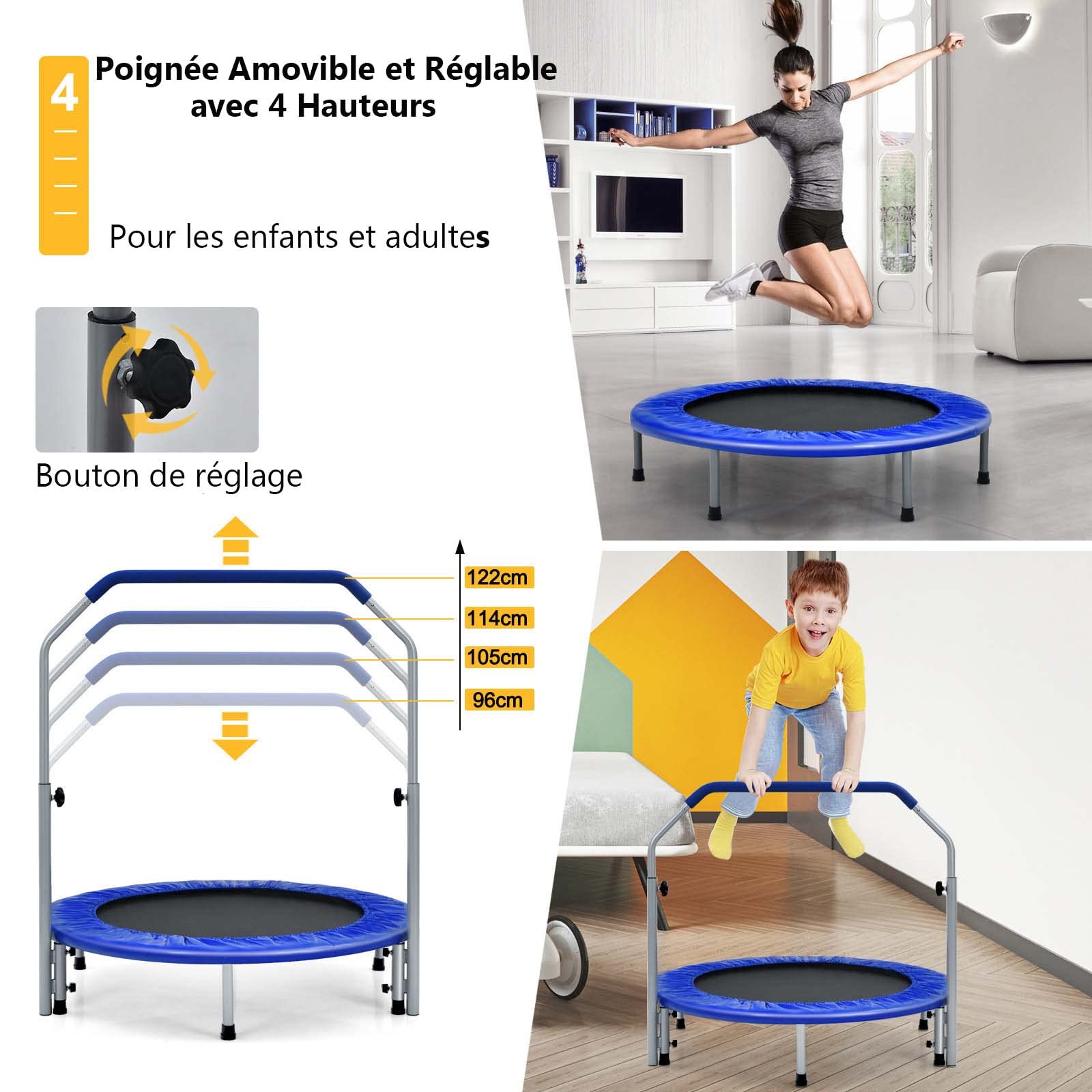 GYMAX Trampoline de Fitness Pliable avec Poignée Réglable à 4 Niveaux, Ressorts en Acier Renforcés, Couverture Rembourrée, Sac de Transport, pour Adultes/Enfants