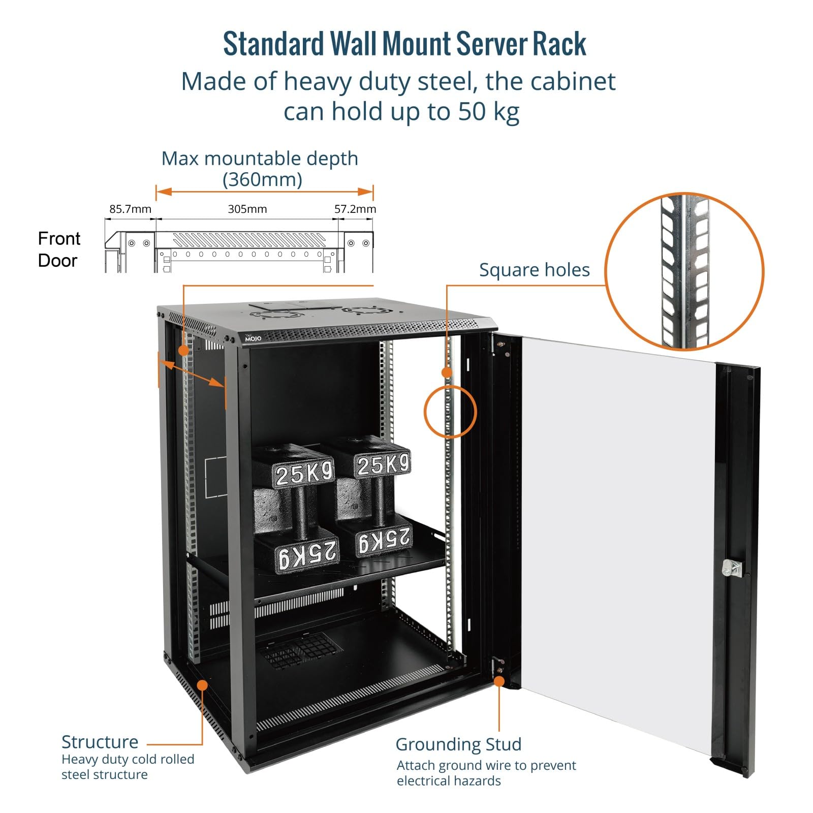 Tecmojo 19 Zoll 18HE 450 mm Tief Netzwerk-Schrank, Wand-Serverschrank, 19 Zoll IT-Netzwerk-Rack-Gehäuse, abschließbare Tür und Seitenwände, Glastür, Schwarz, Flachverpackung