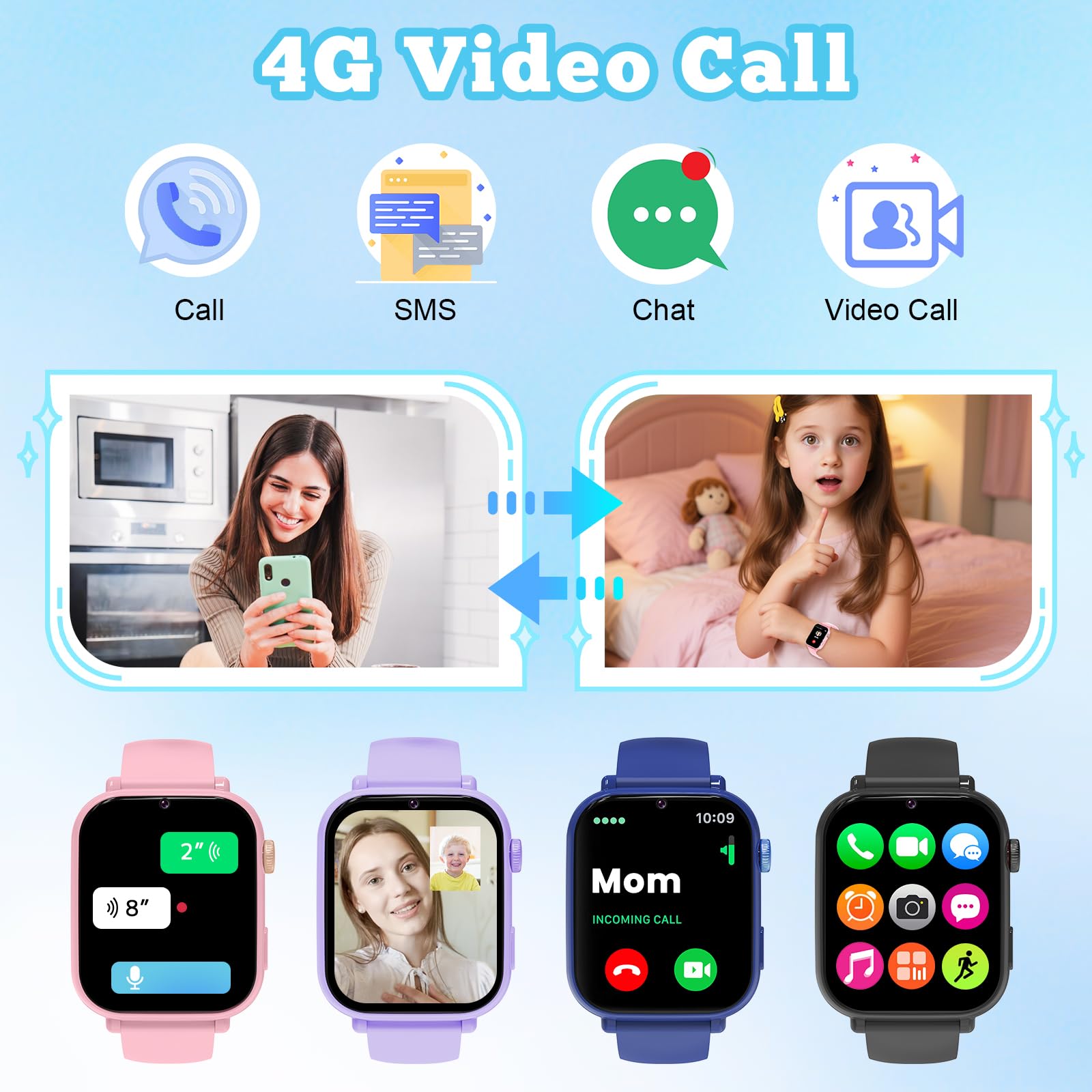 Smartwatch Bambini GPS 4G, Orologio Intelligente con Telefono, Videochiamata, Chat, SOS, Sveglia, Contapassi, Camera, Modalità Classe, Gioco, Smart Watch per Ragazza e Ragazzo 4-12 Anni Regalo, Nero