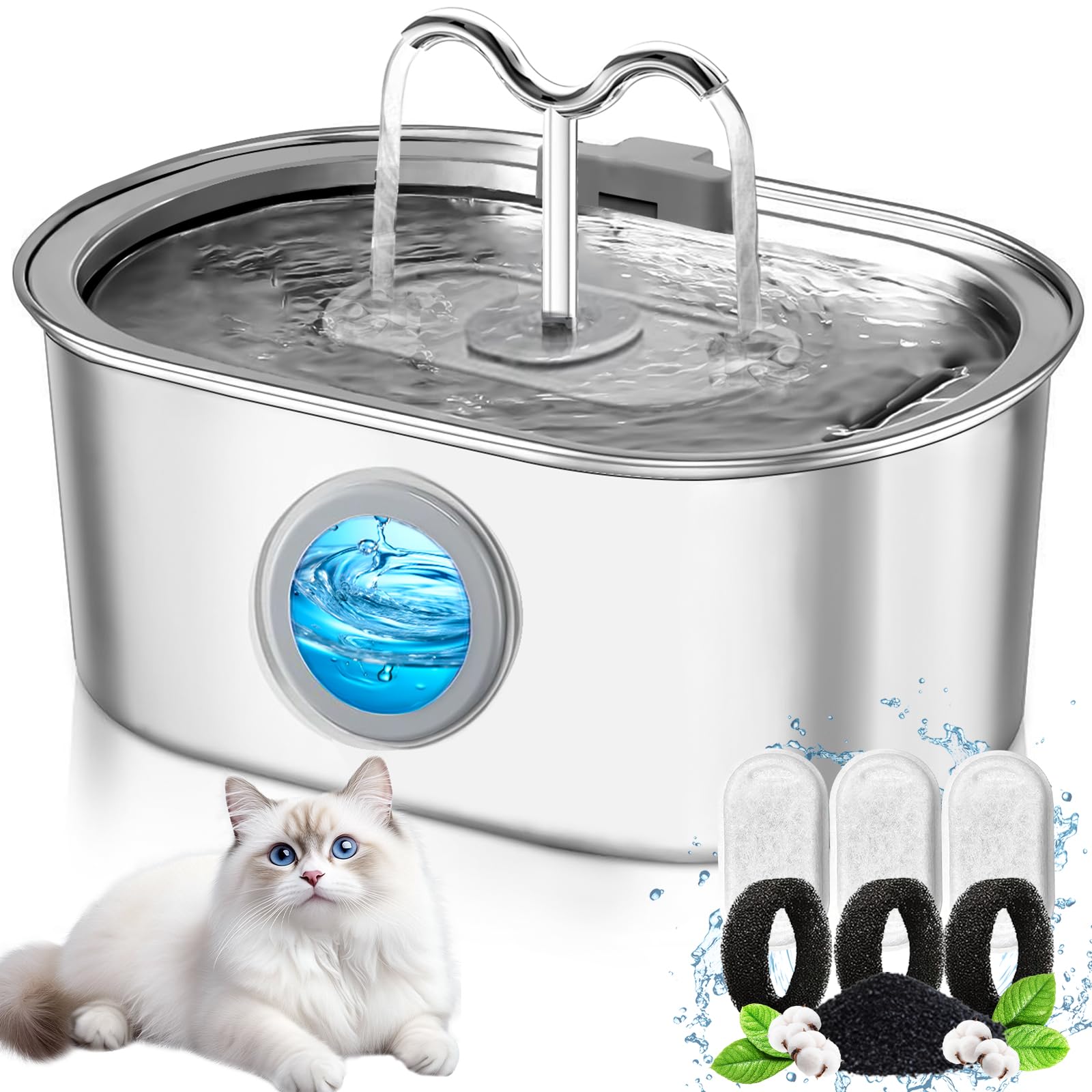 Fuente para Gatos Acero Inoxidable, 3,2L Dispensador Agua Gatos Totalmente Automático, Bebedero Gatos Silenciosa con 3 Filtros, Apto para Gatos, Perros y Mascotas