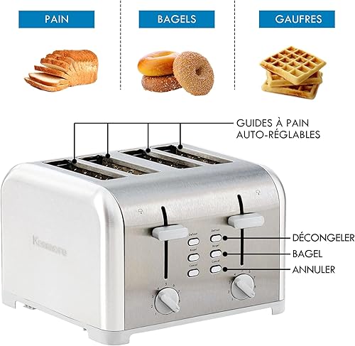 Miniatura 5 de Kenmore Tostadora de 4 rebanadas, acero inoxidable blanco, controles duales, ranuras extra anchas, funciones de bagel y descongelación, 9 niveles de