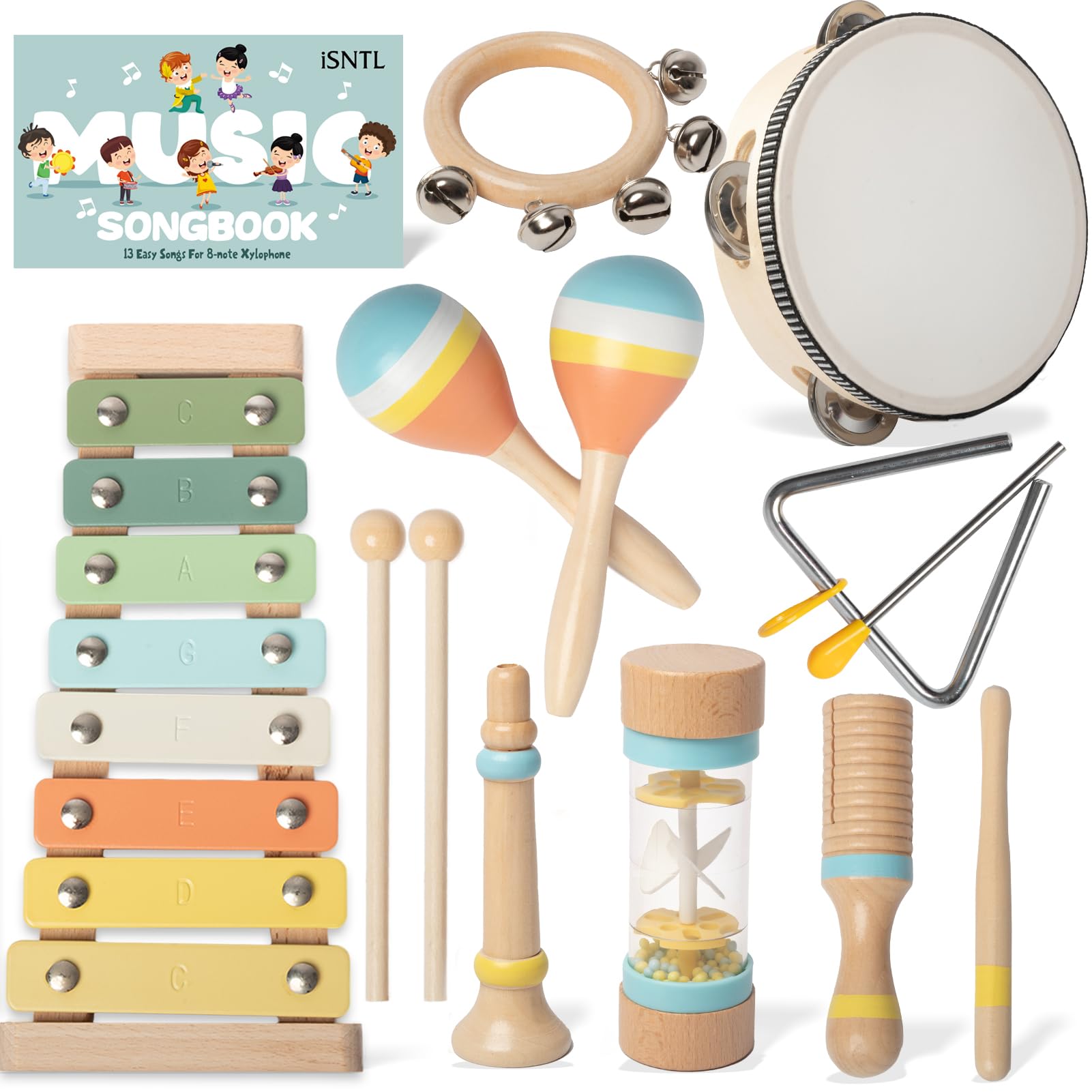 Baby Musical Instruments - Wooden Montessori Toys for Toddlers 1-3,Modern Boho Xylophone Includes Songbook with 13 Kids' Songs,Neutral Colors Wooden Percussion Instruments Set