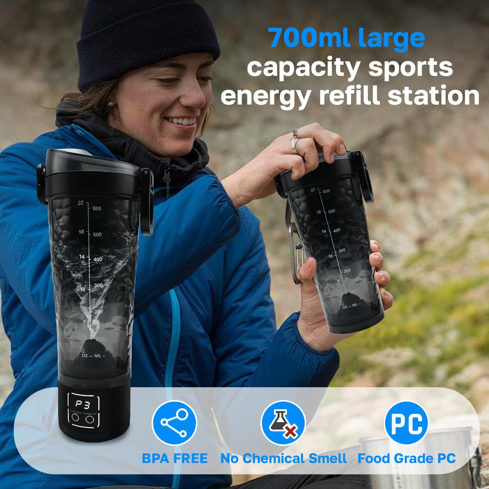 Bouteille shaker de protéines, rechargeable par USB pour boissons protéinées, gobelet mélangeur portable avec stockage de suppléments, 700 ml (noir)