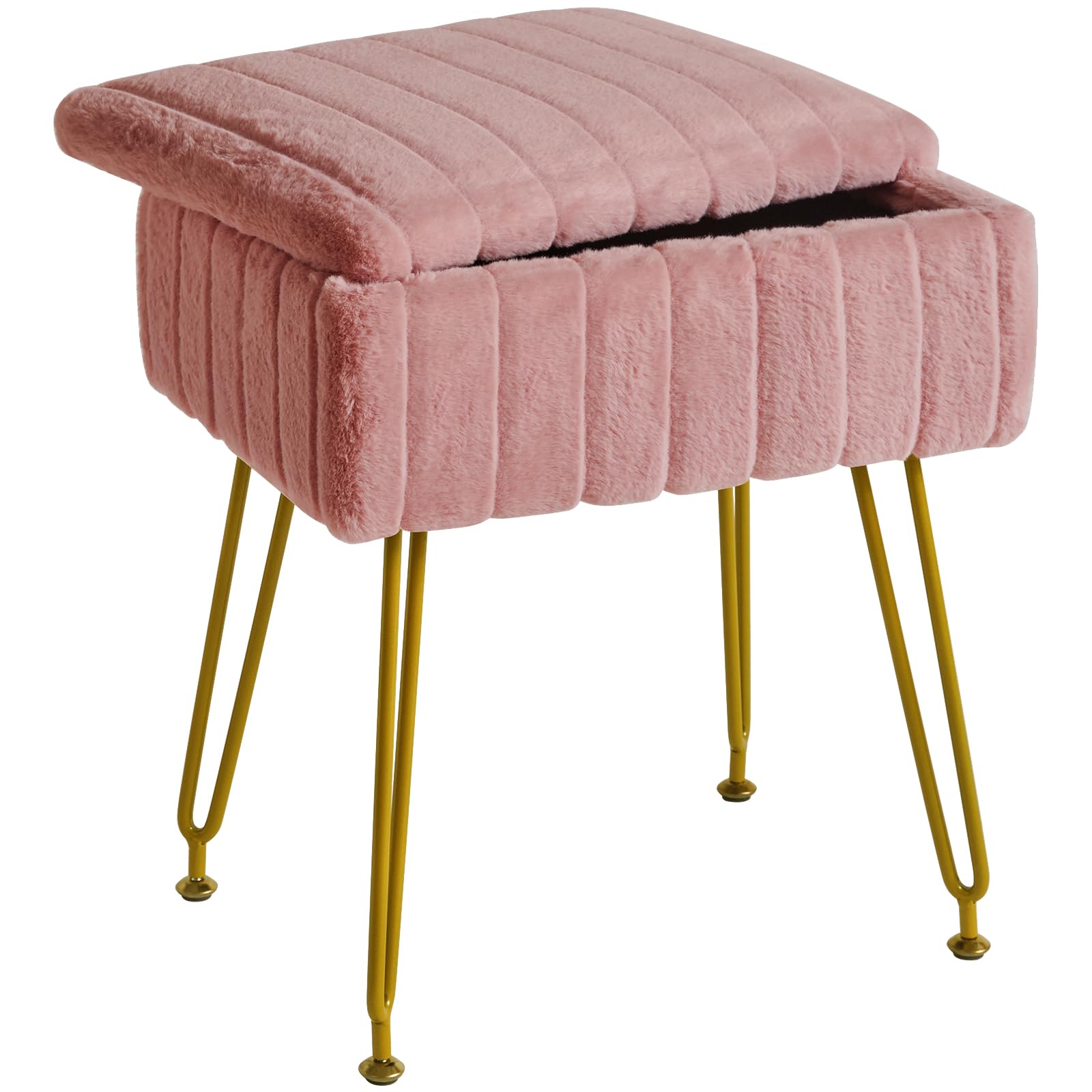 IBUYKE Velvet Stool Chair with Storage Space, Footrest Footstool Ottoman, Small Side Table, with 4 Metal Legs, with Anti-Slip Feet, for Makeup Room, Bedroom, Pink LG-50P