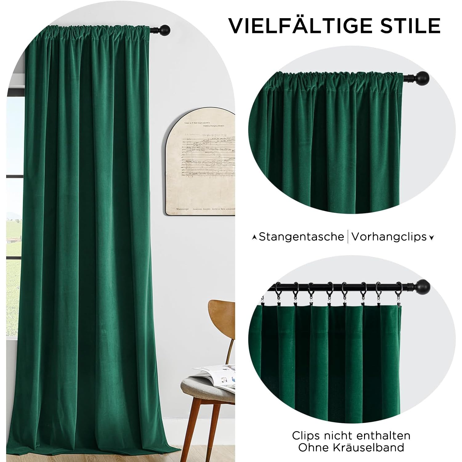 Joydeco Aksamitne zasłony, zestaw 2 szt., wys. 220 x szer. 140, ciemnozielone, ochrona przed zimnem, eleganckie zasłony zaciemniające, dźwiękoszczelne, nieprzejrzyste, aksamitne, do salonu, sypialni