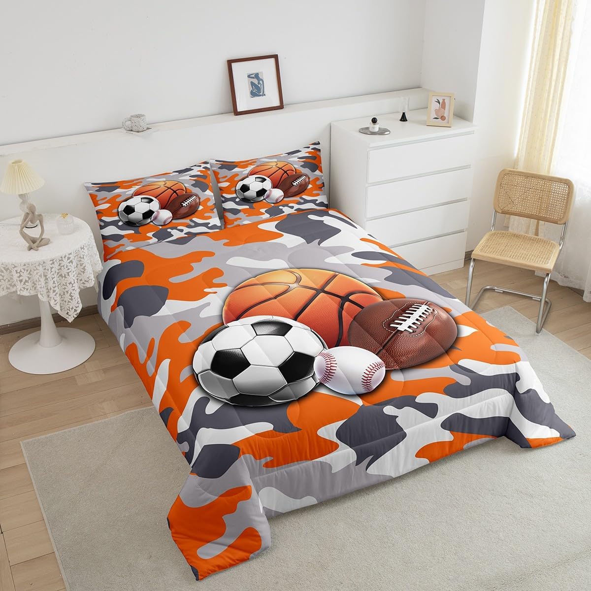 jejeloiu Ball Comforter Set Full Size Soccer Ball Game Comforter Gift for Ball Game Lover Bedding Set Baseball Duvet Set Room Decor Orange Quilt Set - Image 3