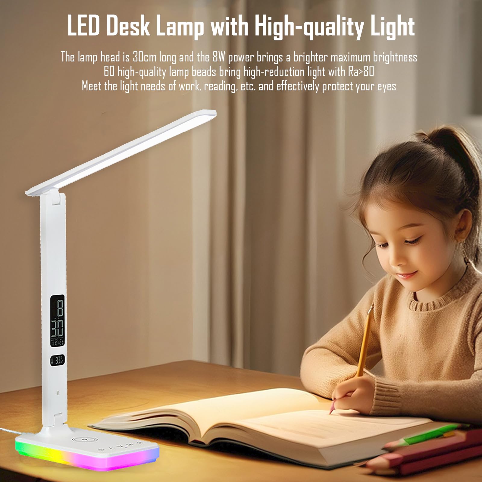 Lampada da tavolo a LED con ricarica wireless e cablata, lampada da tavolo pieghevole, 5 luminosità e 3 modalità di illuminazione, visualizzazione ora e temperatura, luce notturna RGB