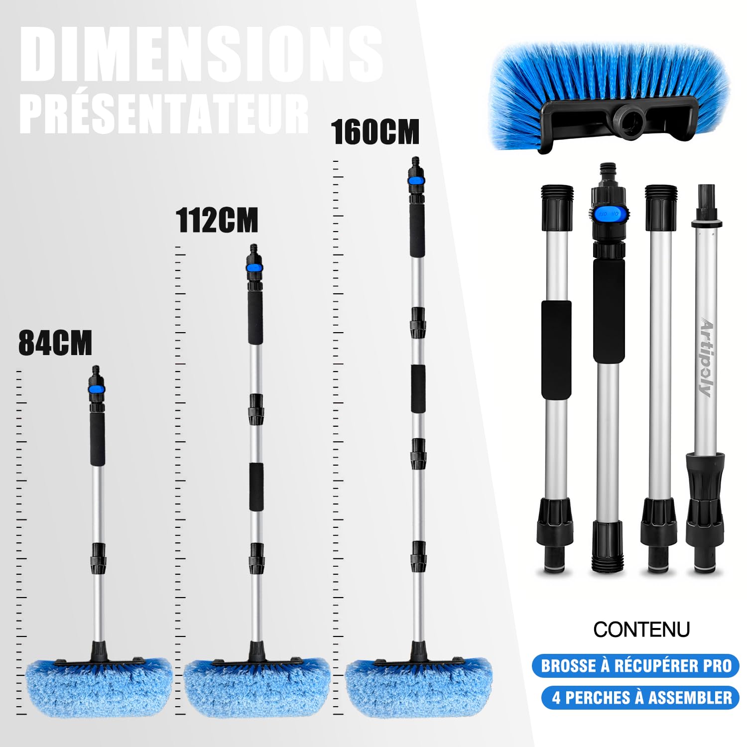 160cm Brosse de lavage auto long manche, raccord de tuyau interrupteur | 30cm poils souples, extensible manche, pour voiture, car, SUV, camion, bateau, façade maison, Bleu