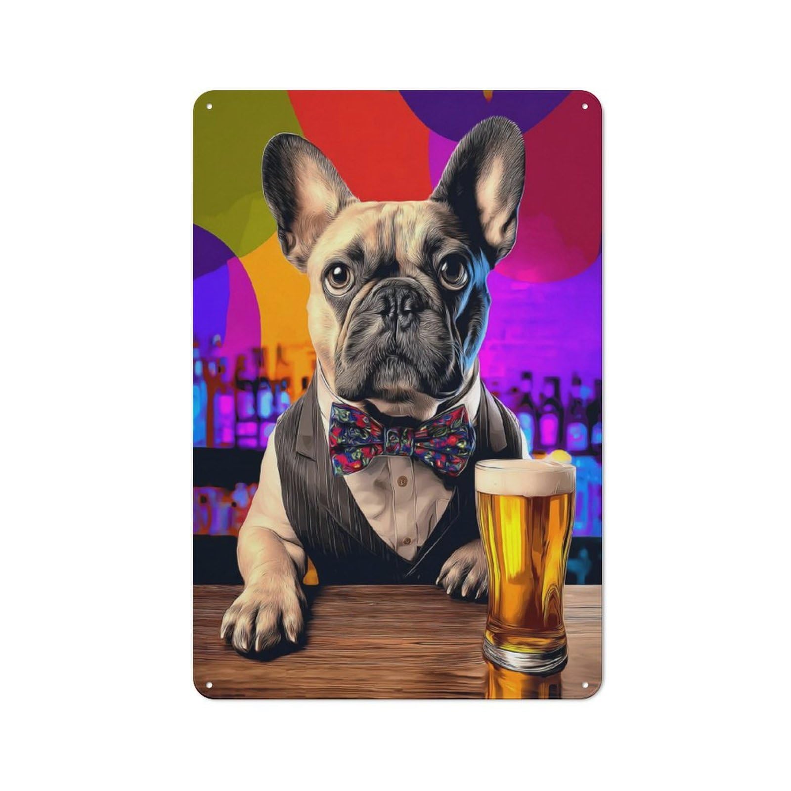 Junmoney French Bulldog In Tuxedo With Beer Smart Metal Wall Decor 30X20cm, Office Metal Sign For Office, Study, Studio Or Hallway