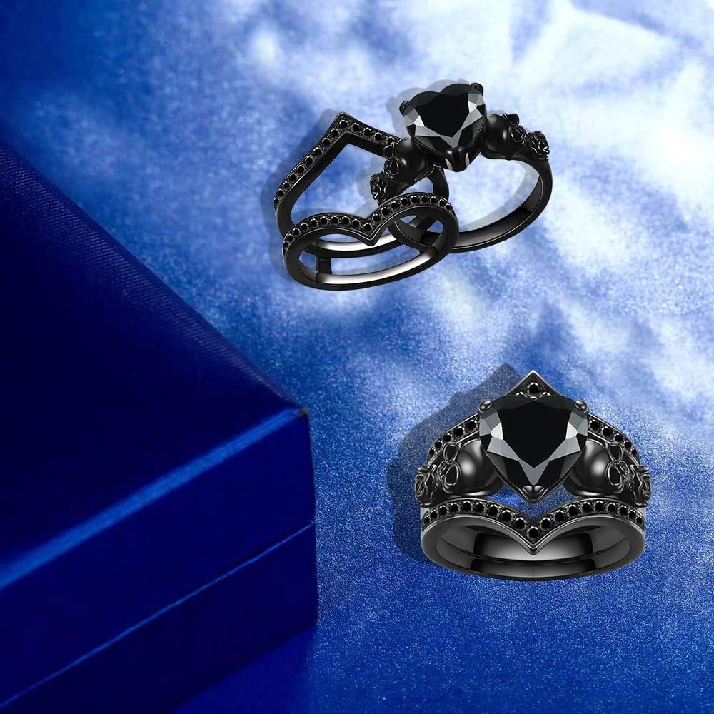 Gothic Skull Black Rings Set Women Rose Flower Red Purple Heart Love Zircon Crystal Christmas Anniversary Engagement Mother's Day Gift Cocktail Party Biker Jewelry