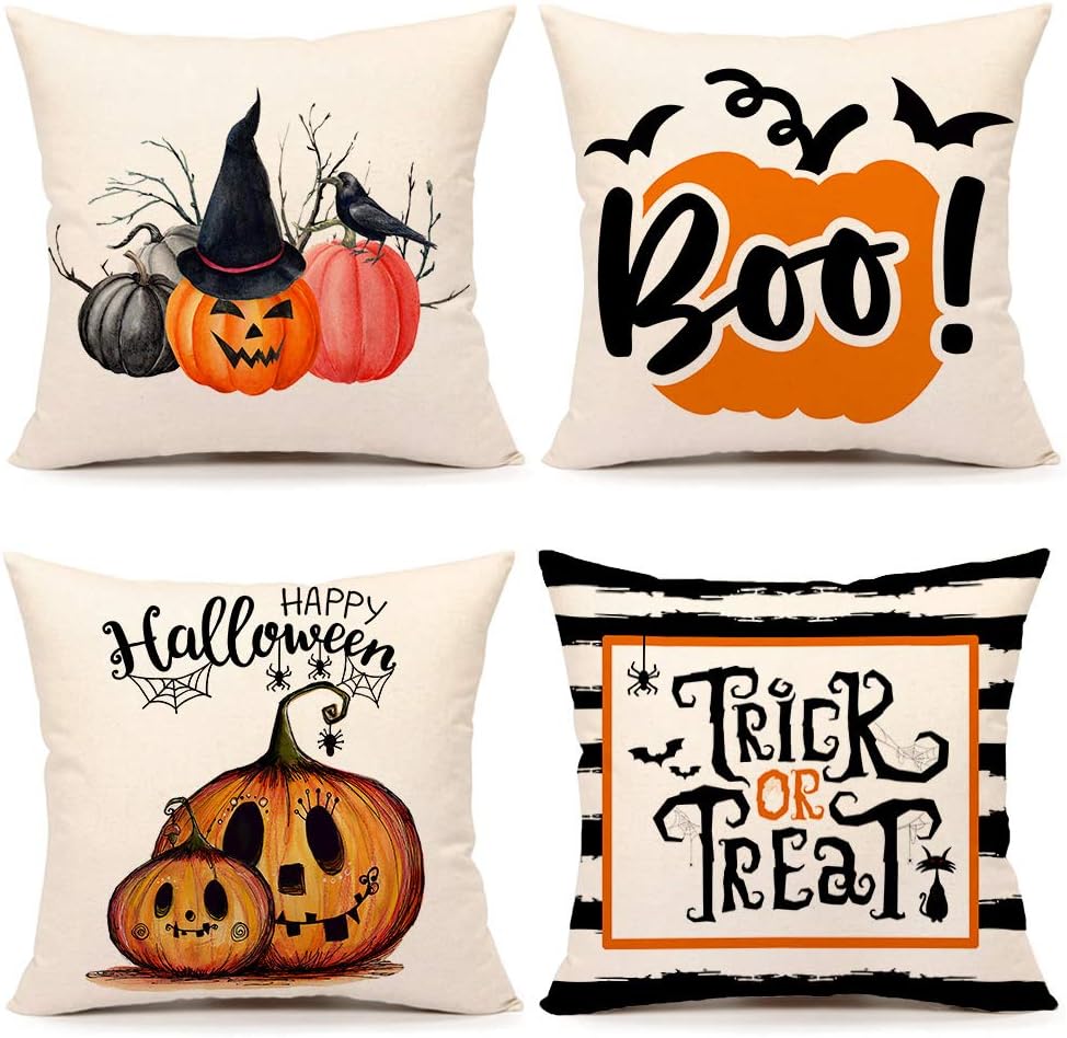 4TH Emotion Fall Halloween Pumpkin Pillow Covers 18x18 Inches Set of 4 Trick or Treat Farmhouse Decor Home Throw Cushion Case for Sofa Couch Decorations TH017-18