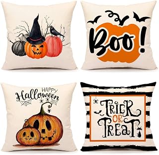 4TH Emotion Fall Halloween Pumpkin Pillow Covers 18x18 Inches Set of 4 Trick or Treat Farmhouse Decor Home Throw Cushion Case for Sofa Couch Decorations TH017-18