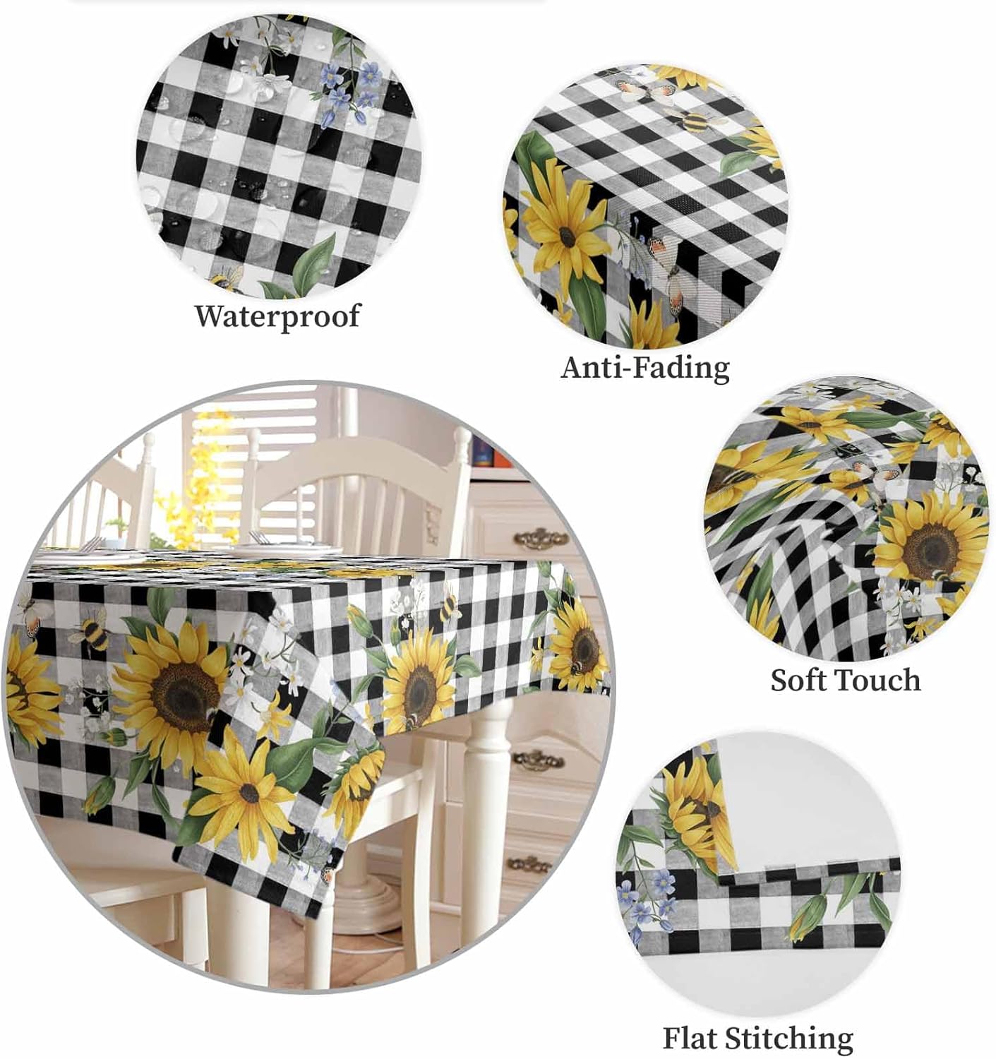 Tablecloth for Rectangle/Oval Tables 52 x 70 Inch Summer Sunflower Black and White Buffalo Plaid Fabric Table Cover Waterproof Washable Table Cloth for Dinning Wedding Party Outdoor Picnic Decorative