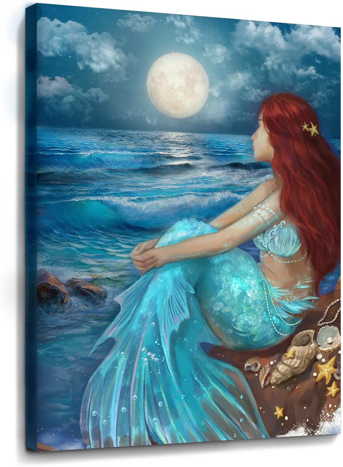 SDYA Aesthetic Wall Art for Living Room Bedroom Wall Decor Blue Canvas Prints Moon Night Artwork 24"x 36" Girls Room Decor 36"L x 24"W Blue