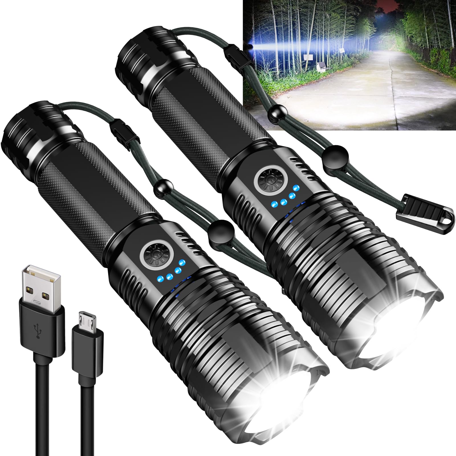 AXRUNZERechargeable Flashlights High Lumens,100000 Lumens Super Bright Led Flashlight with 5 Modes,Waterproof Powerful Flashlight for Emergencies,Camping,Walking(2 Pack)